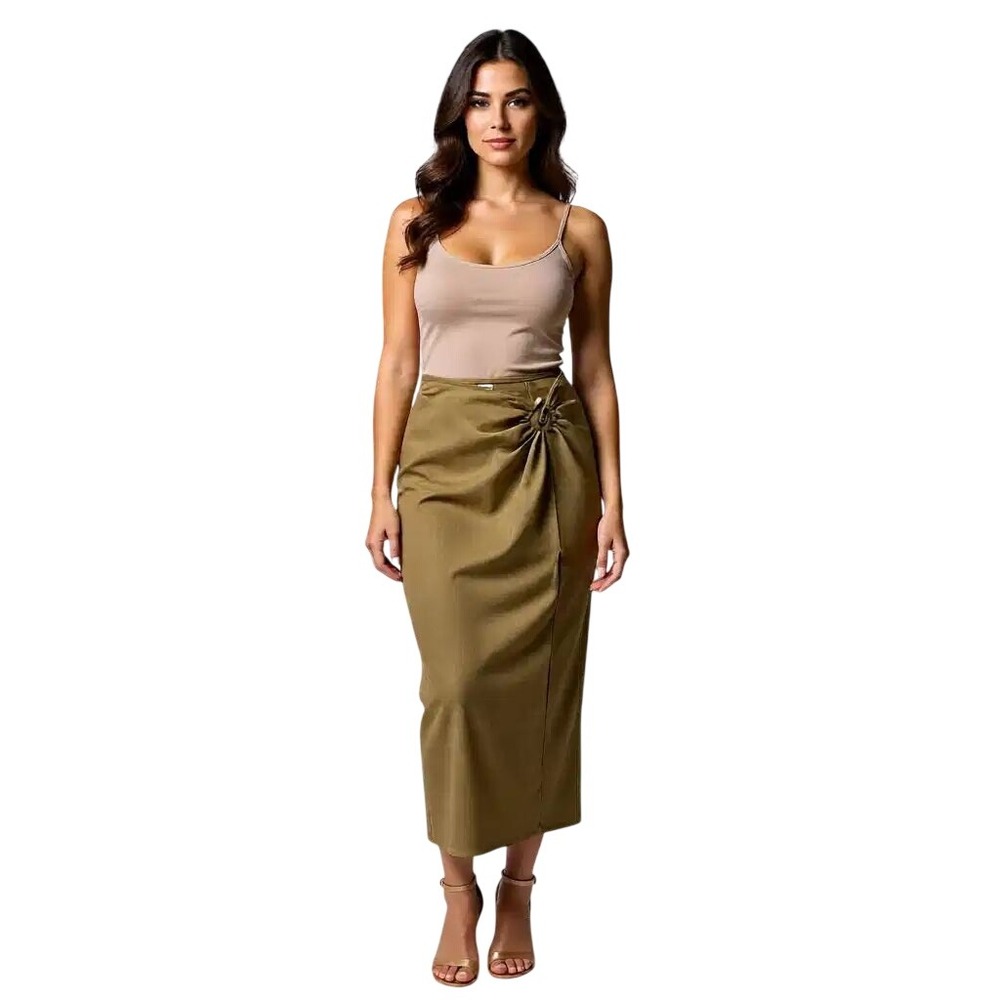 Muser‎ Linen Maxi Skirt Tobacco Brown O-Ring Detail Slit Md NWT